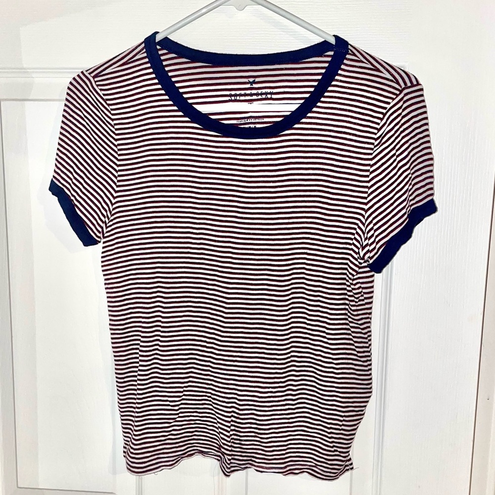 american eagle outfitters AE soft & sexy ribbed striped cream navy red t-shirt
